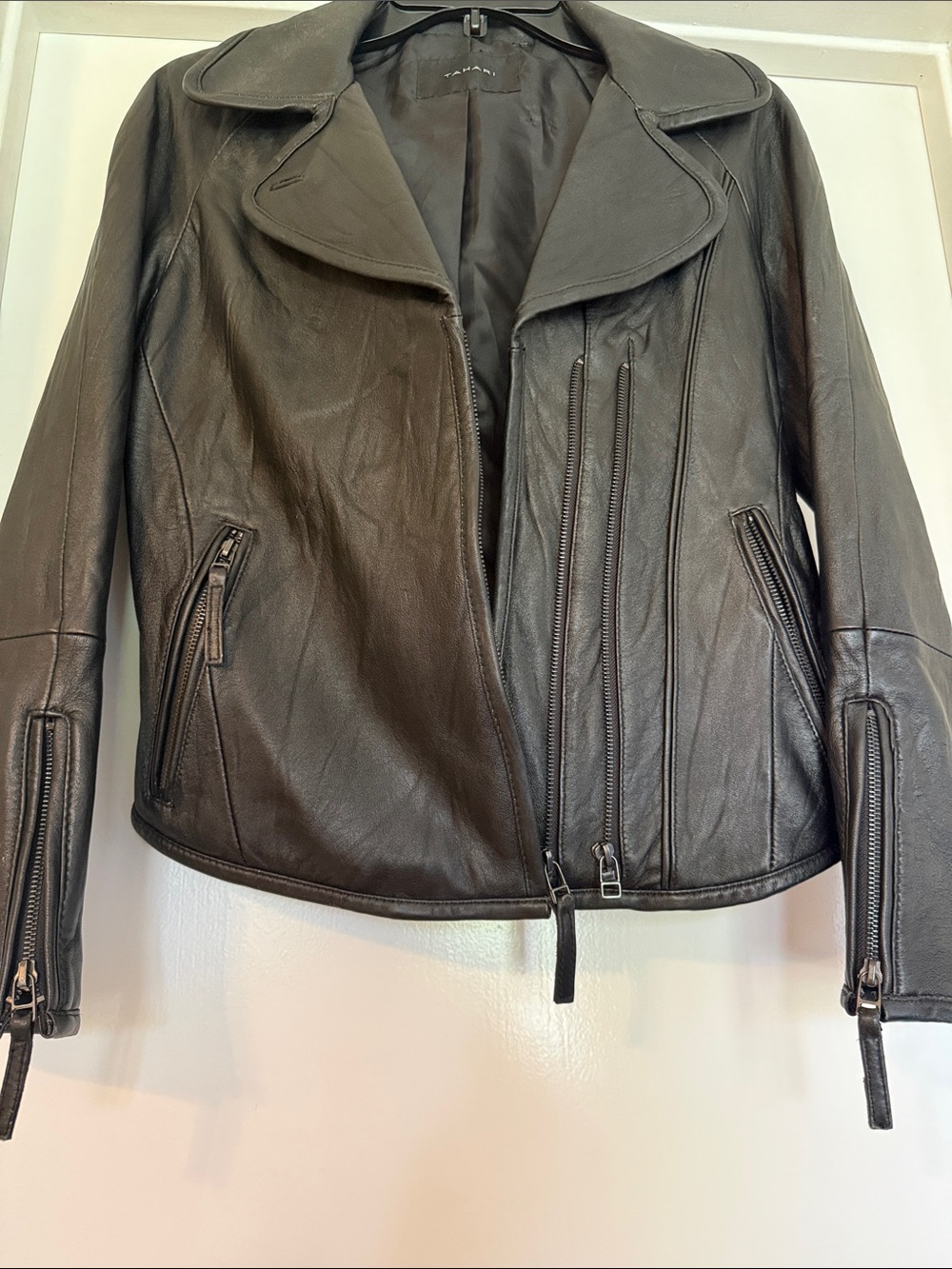 Tahari Black Leather Zip-Front Moto Jacket